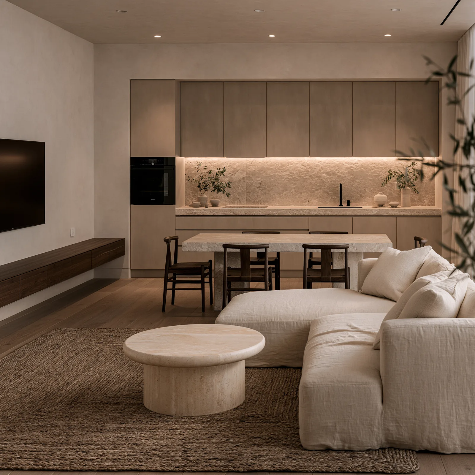 Casa Galicia — open-plan kitchen and living space with pale timber joinery, a textured stone splashback, a stone island and dining element, ivory seating and a woven rug