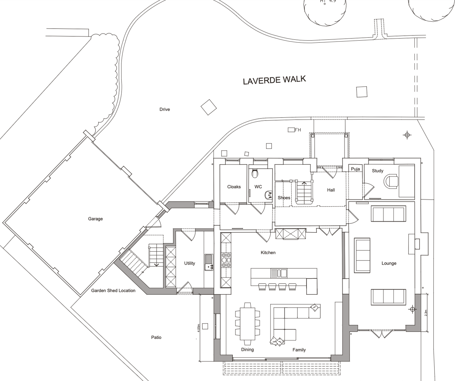 Ground floor plan of the Milton Keynes residence, showing the extended kitchen, dining and family space, lounge, study, utility and garage